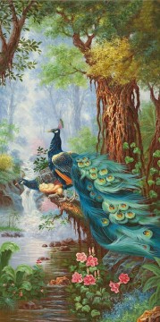 150の主題の芸術作品 Painting - 花の森の孔雀 花の木 鳥